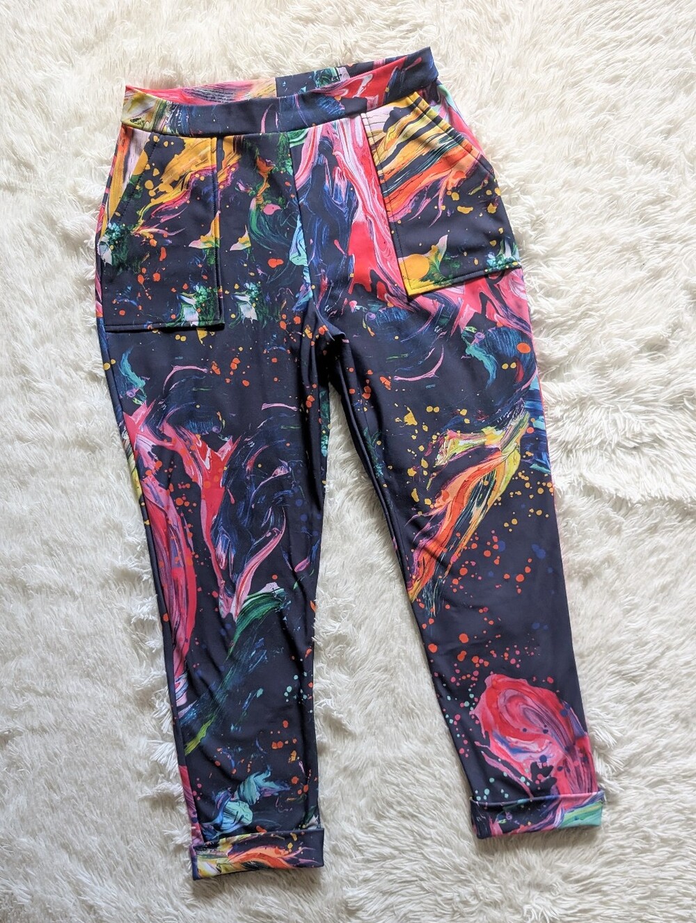 Blackmilk The Artist Paint Splatter Rainbow Navy High Waist Cuffed Pants Medium - Picture 3 of 14
